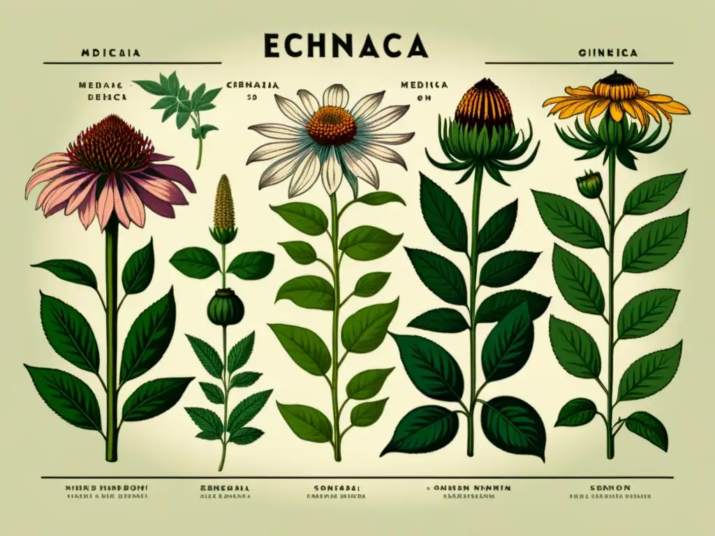 Ilustración vintage de plantas medicinales que estimulan el sistema inmunológico, con detalles botánicos y cálida paleta de colores terrosos