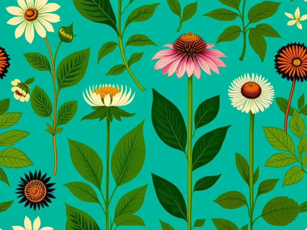 Una ilustración vintage de plantas medicinales para fortalecer el sistema inmunológico, con detalles meticulosos y colores vibrantes