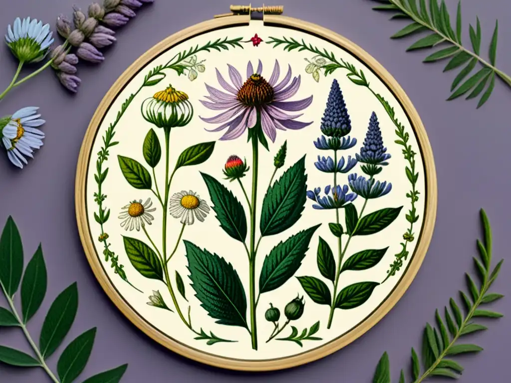 Ilustración vintage de plantas medicinales con técnica de poda, en armonía natural y elegante marco dorado