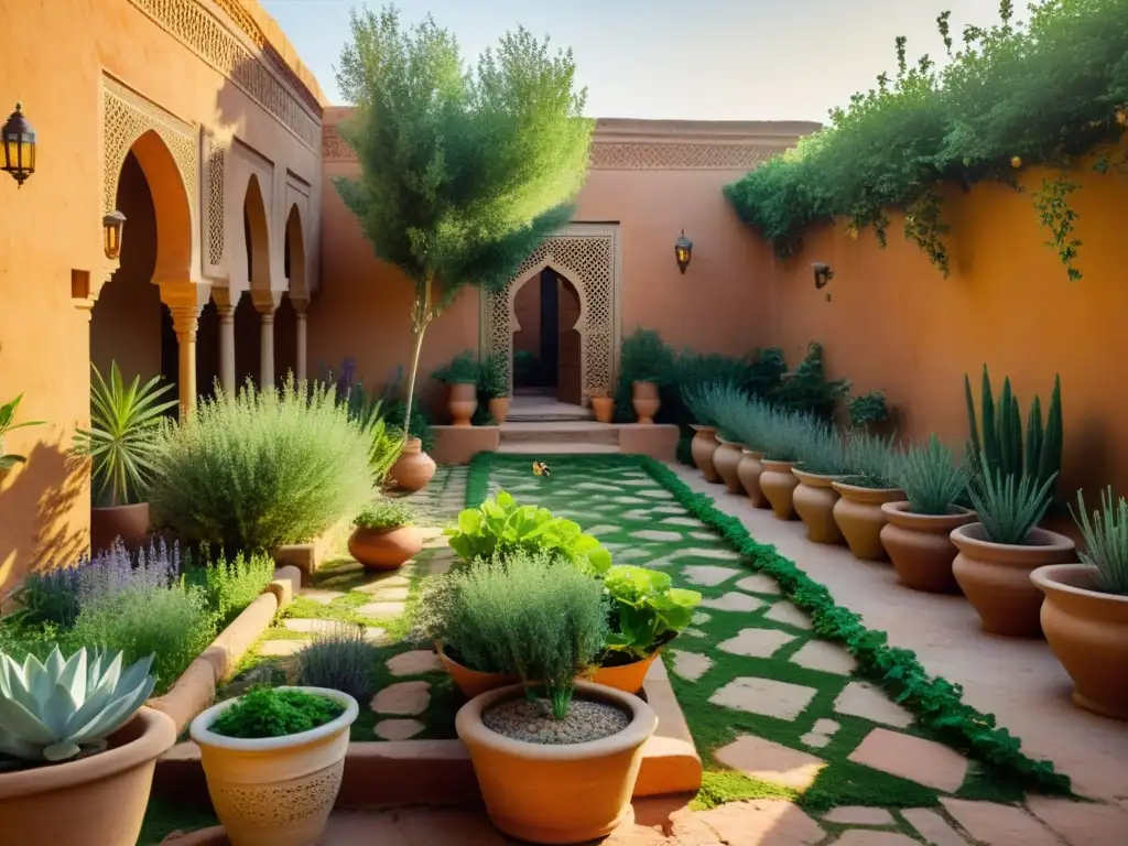 Jardín marroquí con plantas medicinales, terracota y luz dorada, ideal para fitoterapia en jardines de Marruecos