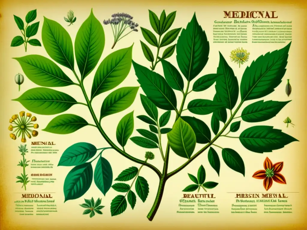 Una ilustración vintage de plantas medicinales tradicionales, detallada y colorida, con una atmósfera nostálgica y conexión con la naturaleza