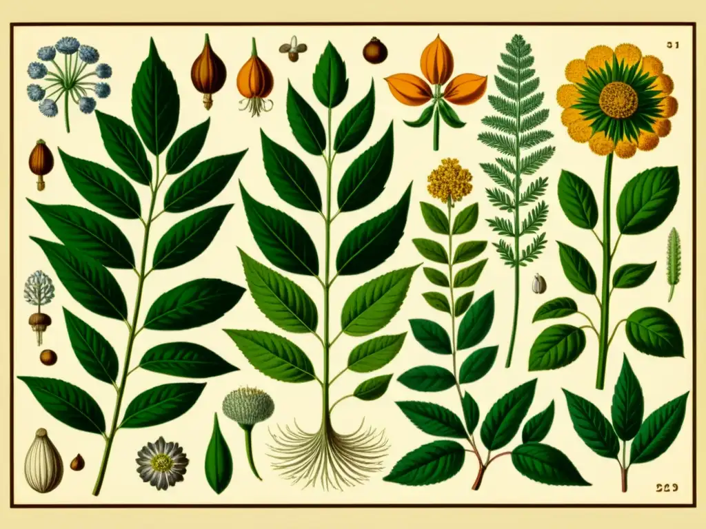 Una ilustración botánica vintage de plantas medicinales tradicionales, con detalles intrincados en tonos cálidos y terrosos