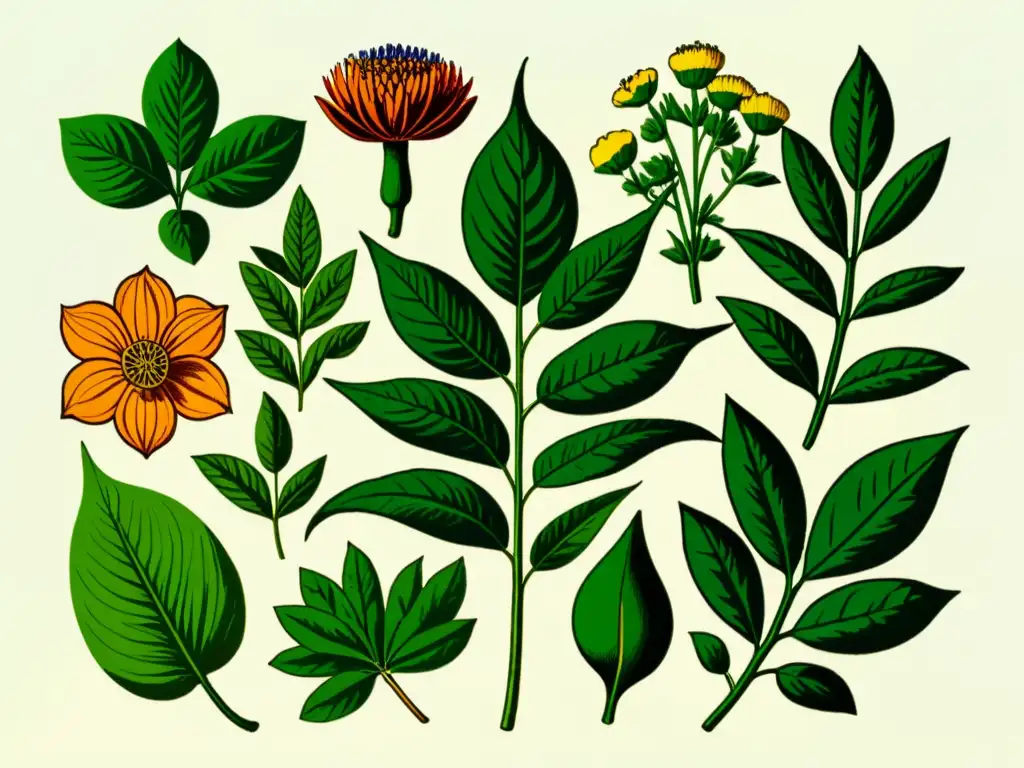 Una ilustración vintage de plantas medicinales tradicionales, resaltando sus detalles y colores vibrantes