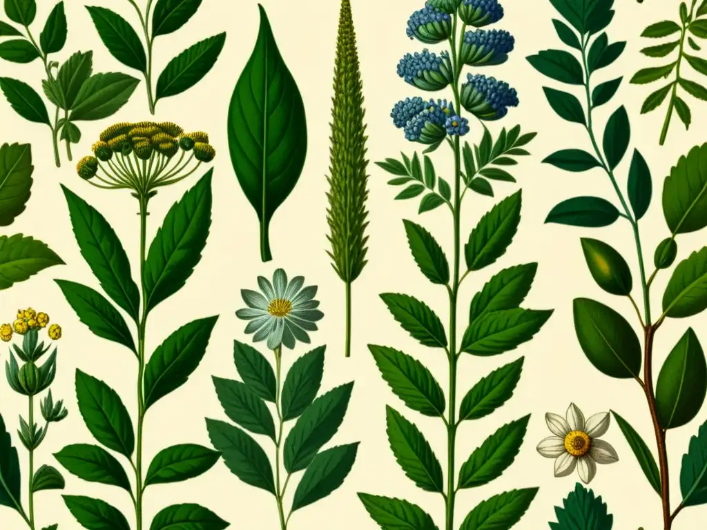 Una ilustración vintage de plantas medicinales tradicionales, evoca sabiduría atemporal y la conexión con la naturaleza