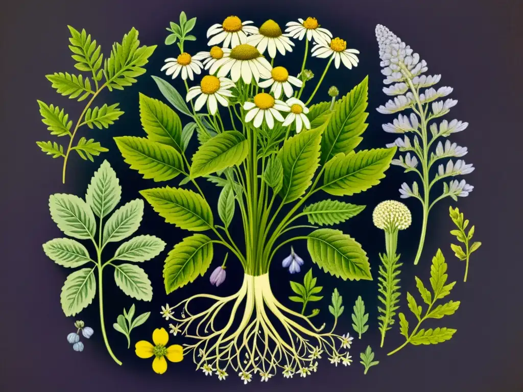 La ilustración muestra plantas medicinales vintage, como mandrágora, manzanilla y lavanda, con notas manuscritas