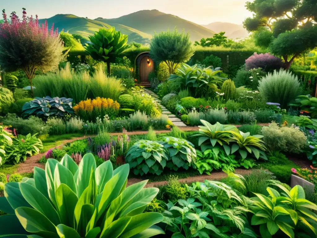 Jardín de plantas potenciadoras crecimiento hierbas en permacultura, con abundante vegetación y luz cálida vintage