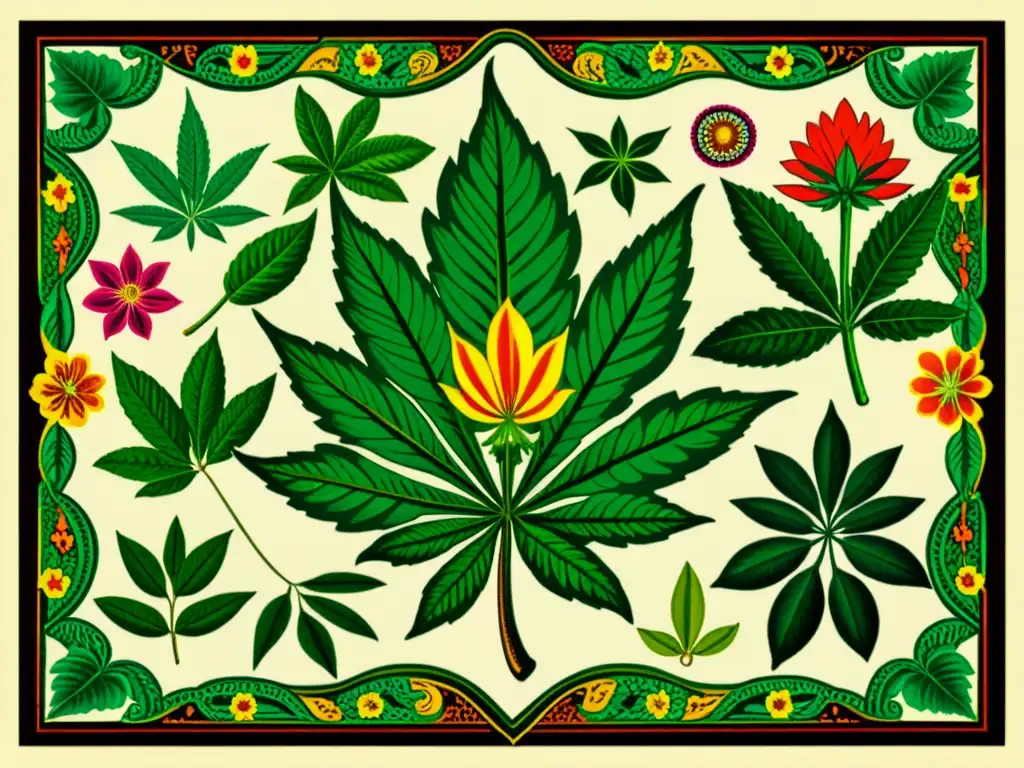 Ilustración vintage de plantas psicotrópicas como peyote, ayahuasca y cannabis