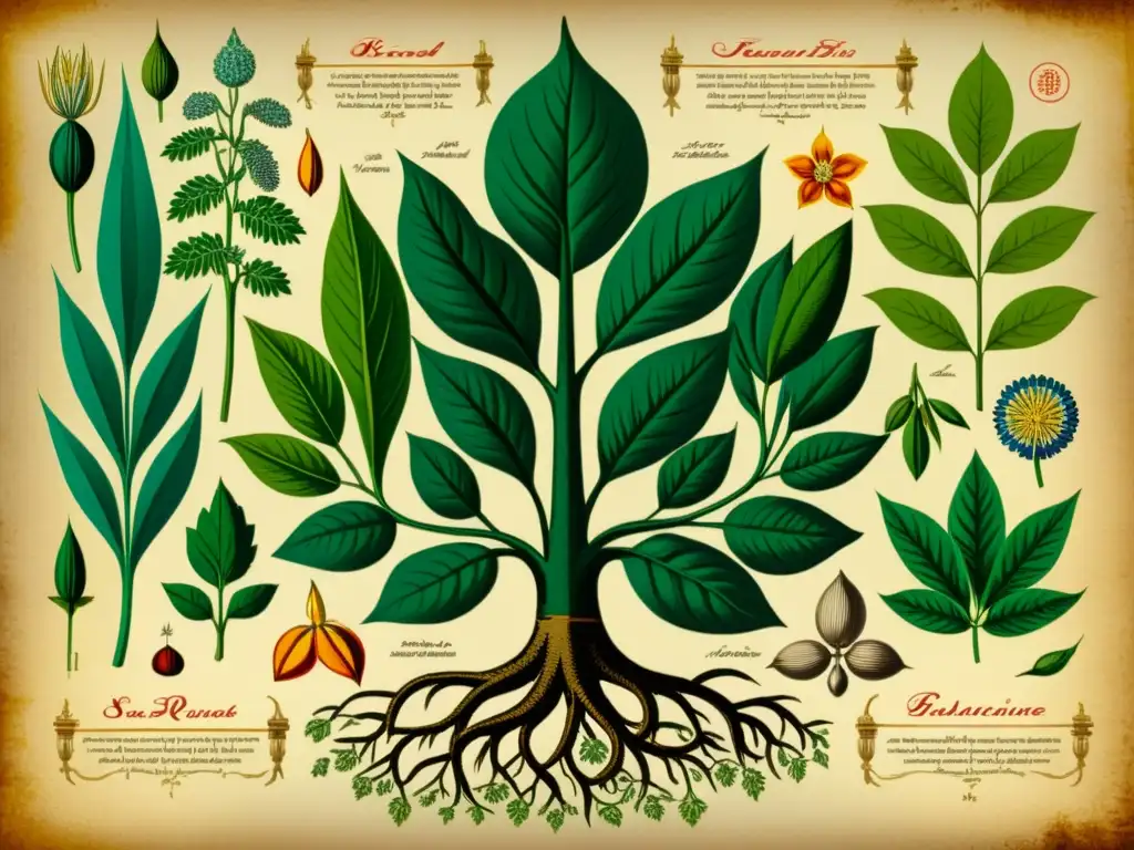 Ilustración vintage de plantas sagradas utilizadas en rituales de sanación tradicionales, con detalles intrincados de hojas, flores y raíces