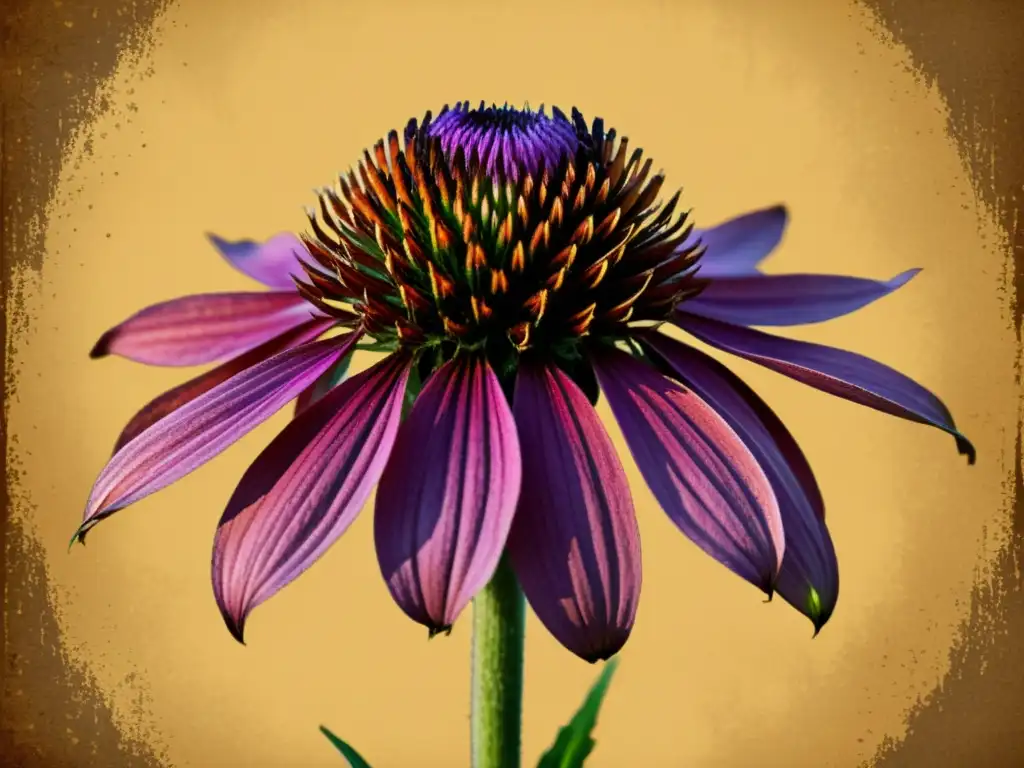 Ilustración vintage de Echinacea purpurea en plena floración, con detalles intrincados en pétalos morados y el centro naranja