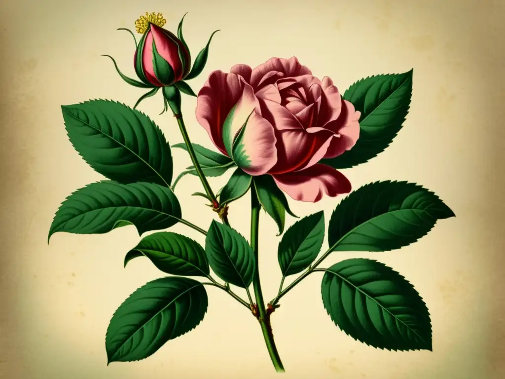 Una ilustración vintage de una rosa gallica en plena floración, con detalles meticulosos y un encanto antiguo