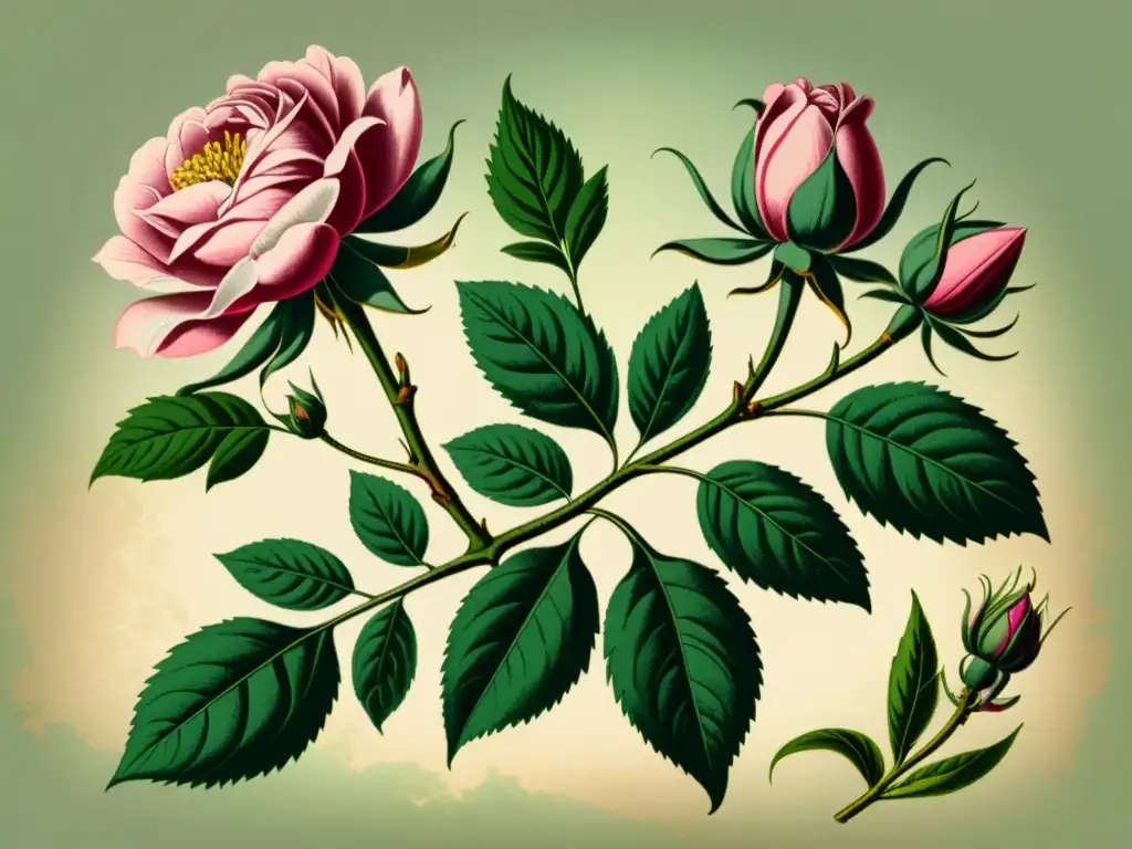 Una ilustración vintage de una rosa damascena en plena floración, con pétalos rosados y hojas verdes vibrantes, sobre un fondo de pergamino desgastado