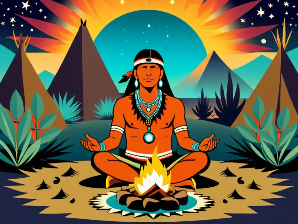 Medicina ancestral: ceremonia de sanación con peyote Un poderoso chamán realiza una ceremonia de curación con peyote bajo el cielo estrellado