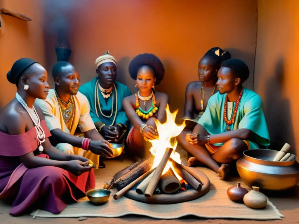 Un poderoso ritual de curanderos tradicionales africanos practicando medicina, iluminados por el fuego en una escena llena de sabiduría ancestral