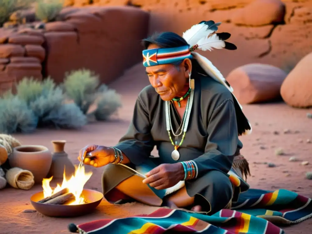 Un poderoso ritual de sanación con un hombre medicina navajo, rodeado de mantas y joyas, en un paisaje desértico