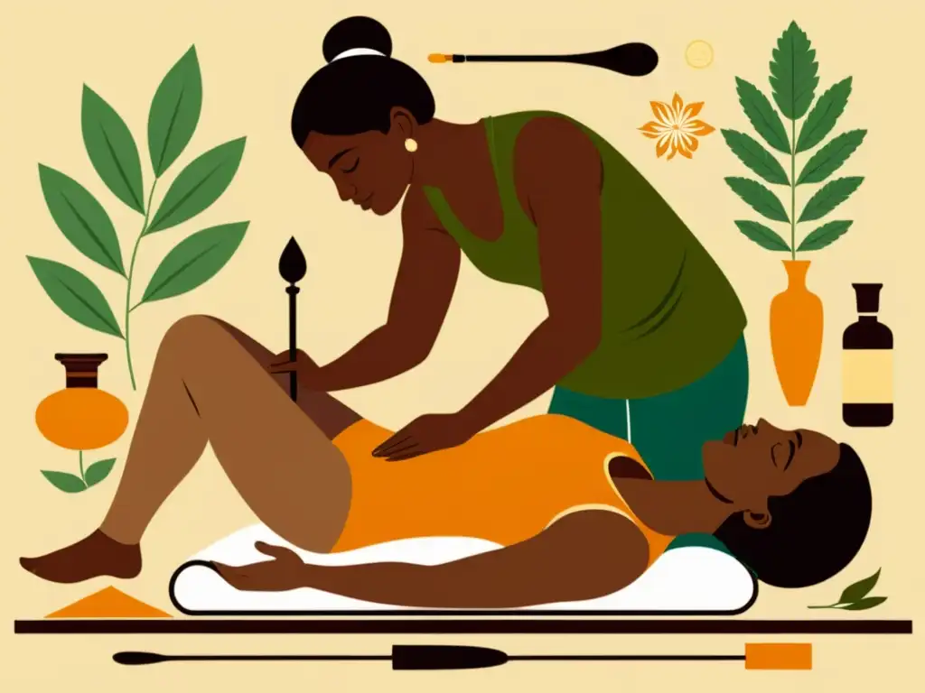 Un ilustración vintage muestra un practicante de Ayurveda aplicando técnicas tradicionales a un atleta, destacando la integración del Ayurveda en el deporte