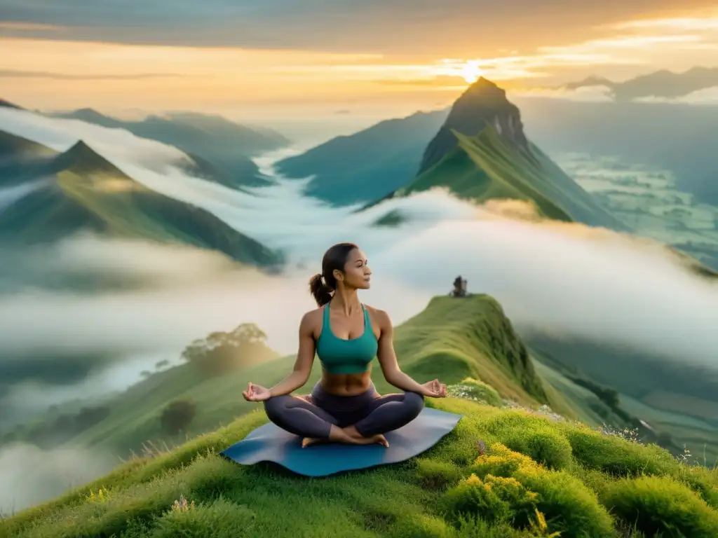 Practicante de yoga en la cima de la montaña al amanecer, rodeada de neblina y sol, reflejando la transformación del yoga en medicina