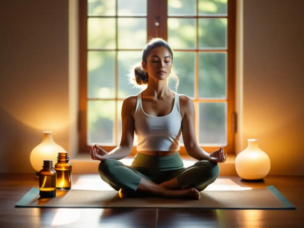 Practicante de yoga en loto con esenciales, luz suave y relajación, beneficios aceites esenciales yoga meditación