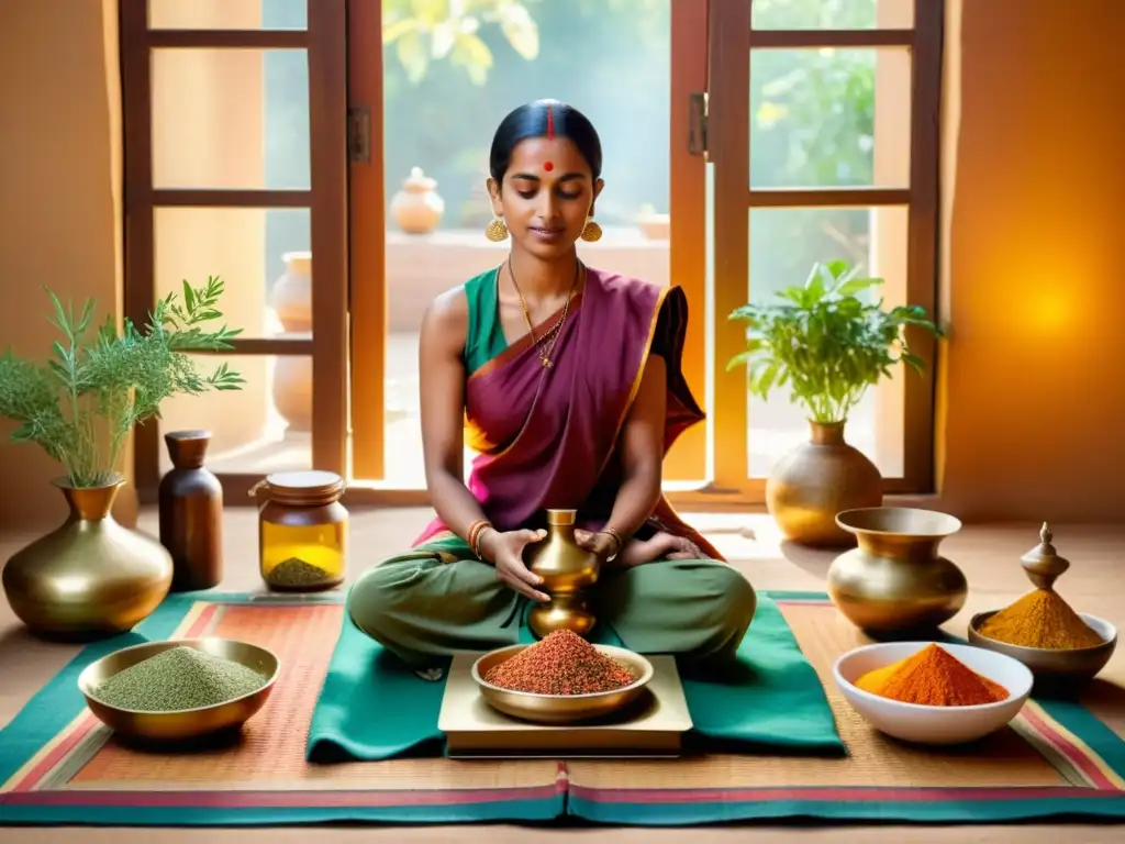 Un practicante de medicina ayurvédica en la India, rodeado de hierbas y especias, pesando ingredientes en una habitación iluminada por el sol