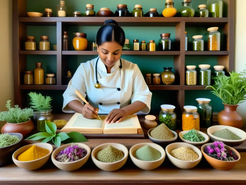 Un practicante de medicina ayurvédica prepara remedios herbales en un apotecario tradicional, rodeado de frascos de coloridos ingredientes botánicos y antiguos textos sobre medicina herbal