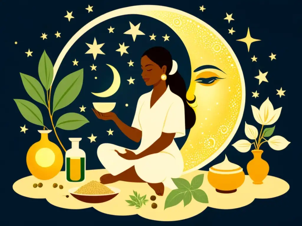 Un practicante de medicina ayurvédica prepara remedios bajo la influencia lunar, evocando sabiduría ancestral y sanación natural