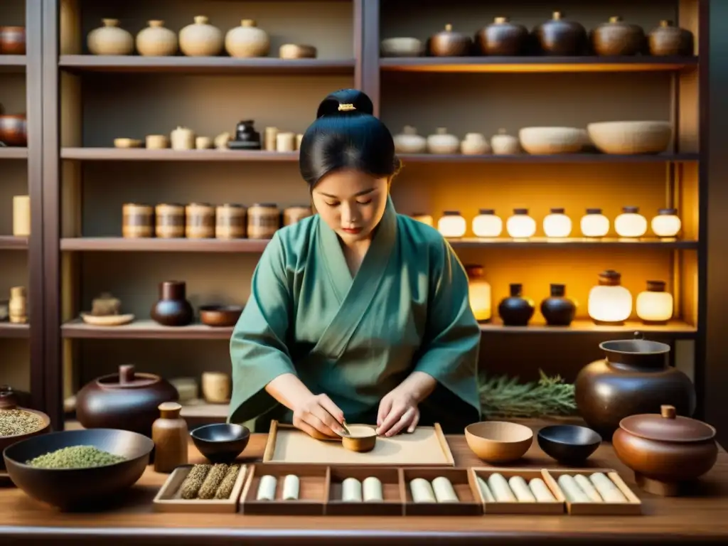 Un practicante de medicina china cuidadosamente prepara equipos ancestrales para moxibustión en una habitación llena de historia y tradición