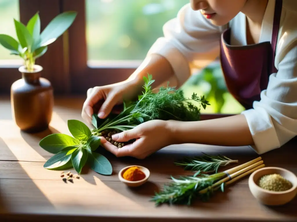 Un practicante de medicina china arregla hierbas en una mesa de madera, bajo la cálida luz del sol