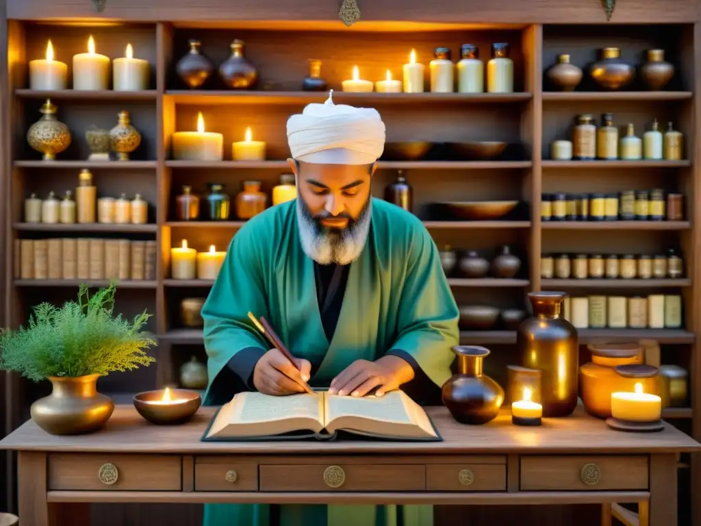 Un practicante de medicina islámica tradicional prepara remedios herbales en una apotecaria decorada, evocando sabiduría y tradición