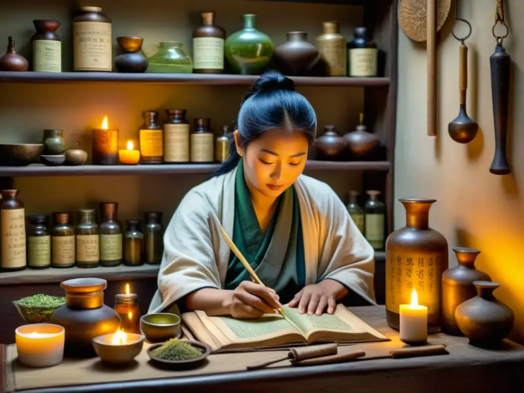 Un practicante de medicina tibetana prepara remedios herbales en una apotecaria antigua