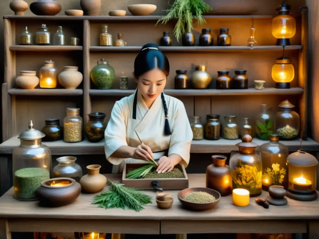 Un practicante de medicina tradicional asiática prepara remedios herbales en una apoteca rústica