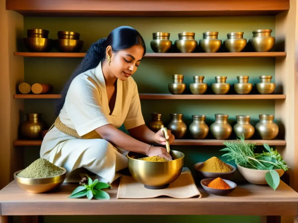 Un practicante de la medicina tradicional ayurvédica prepara una poción entre hierbas y especias, creando una atmósfera espiritual
