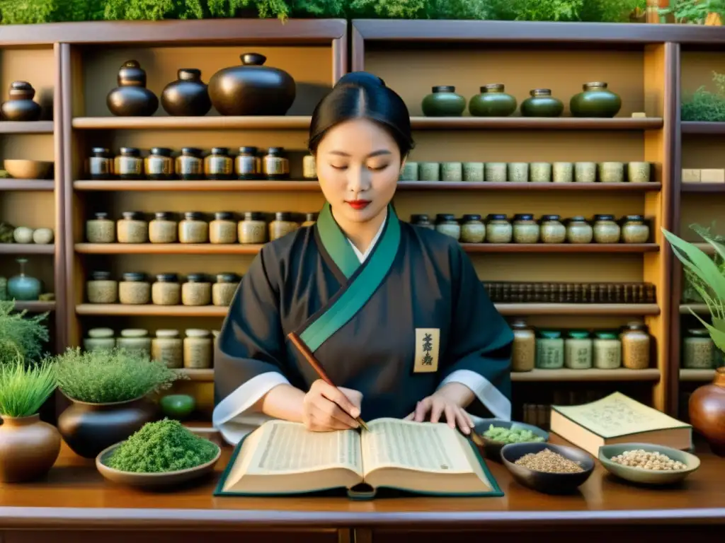 Un practicante de medicina tradicional china consulta el I Ching rodeado de hierbas medicinales y textos antiguos