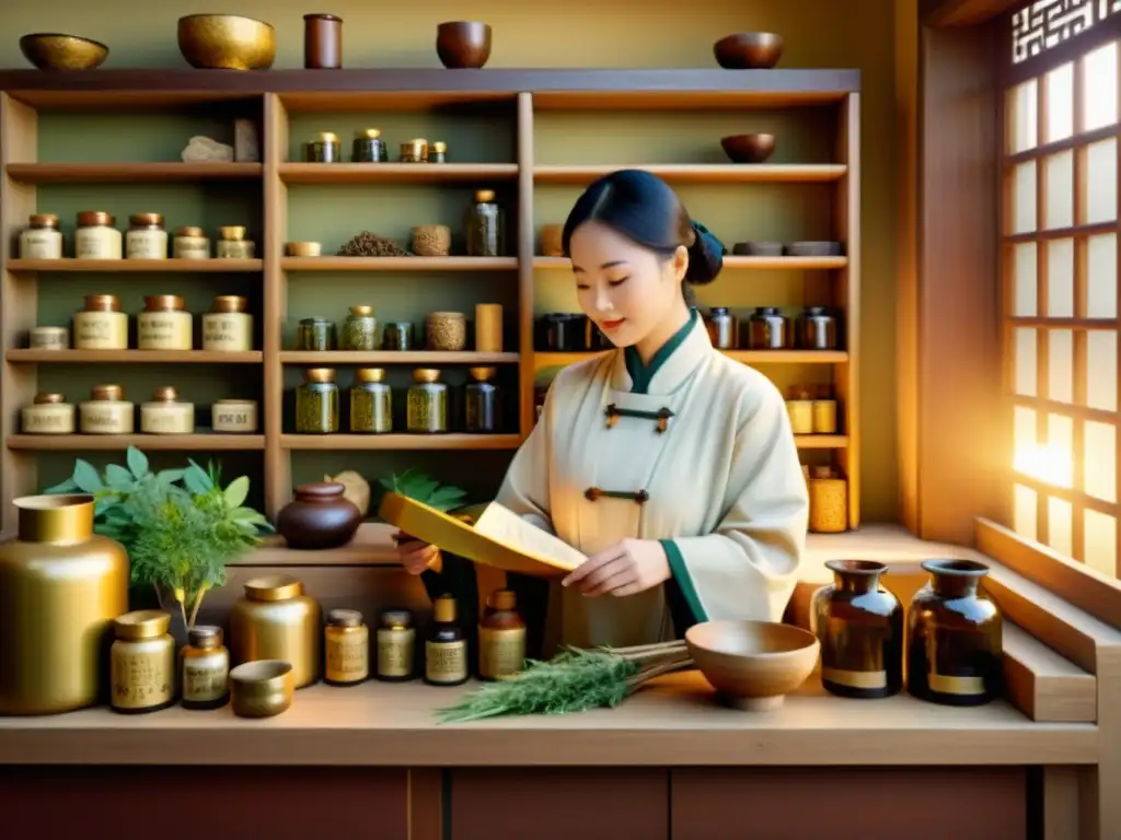 Un practicante de medicina tradicional china examina el pulso de un paciente en una apotecaria llena de hierbas y raíces