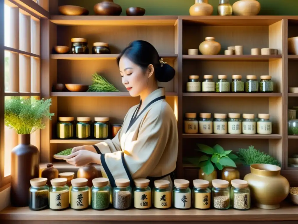 Un practicante de medicina tradicional china selecciona hierbas en su antigua botica, creando una atmósfera de sabiduría y curación holística