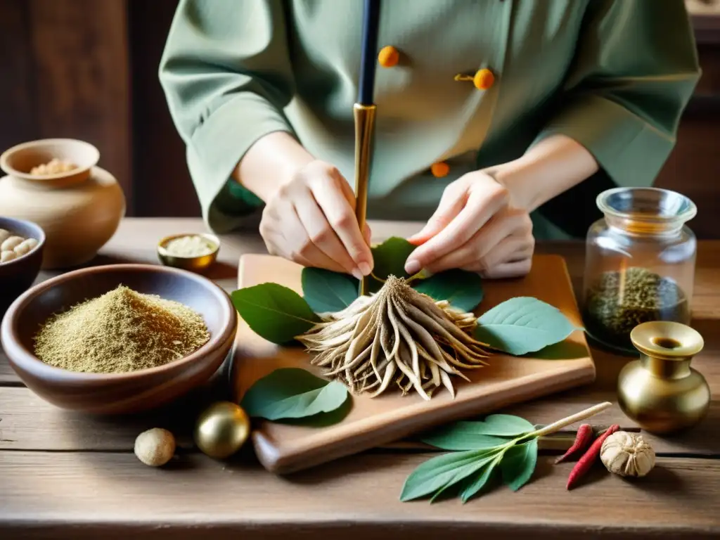 Un practicante de medicina tradicional china prepara cuidadosamente raíces de ginseng en una mesa de madera rodeado de antiguos frascos de hierbas