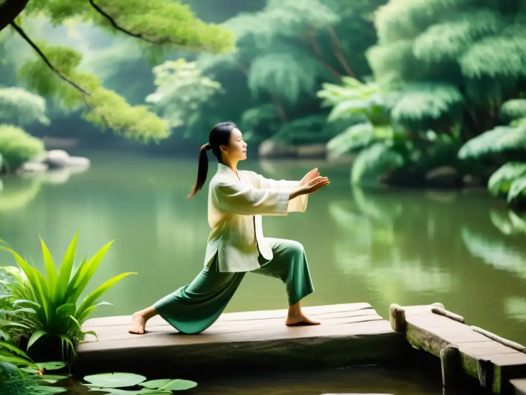 Practicante de Qigong en entorno natural sereno Un practicante de medicina tradicional china realiza ejercicios de Qigong en un entorno natural, transmitiendo calma y fortaleza interior