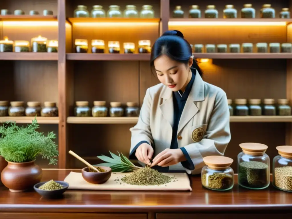 Un practicante de medicina tradicional china mide con cuidado hierbas secas en una mesa de madera, rodeado de un ambiente cálido y auténtico