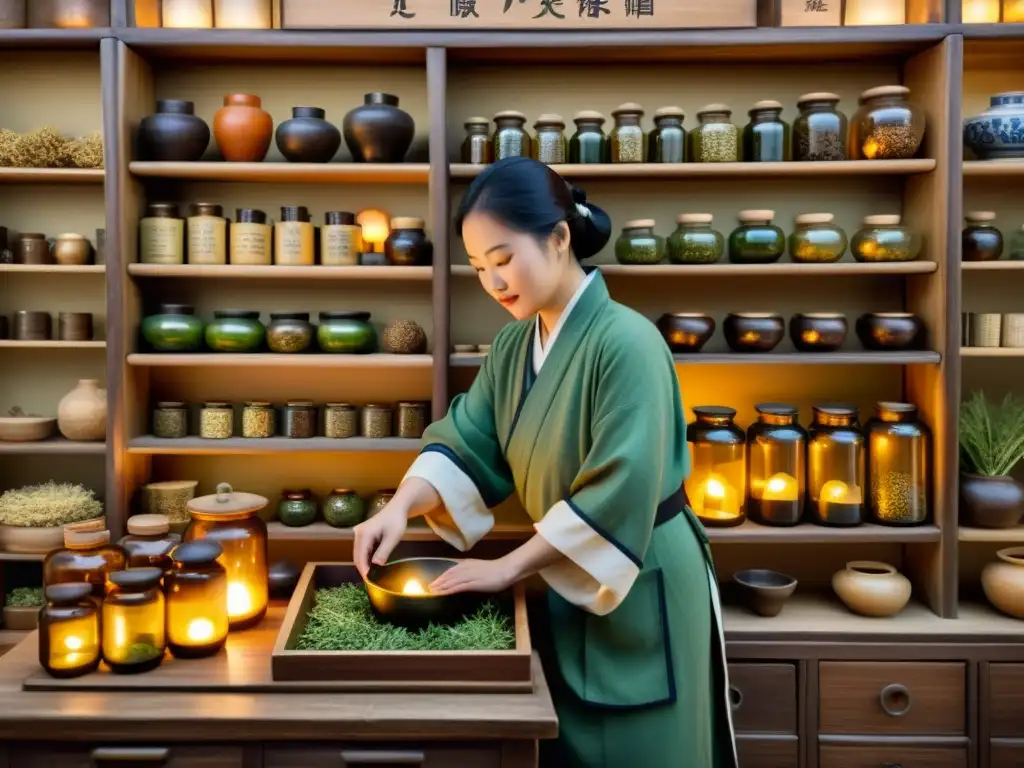 Un practicante de medicina tradicional china preparando remedios a la luz tenue de una farmacia