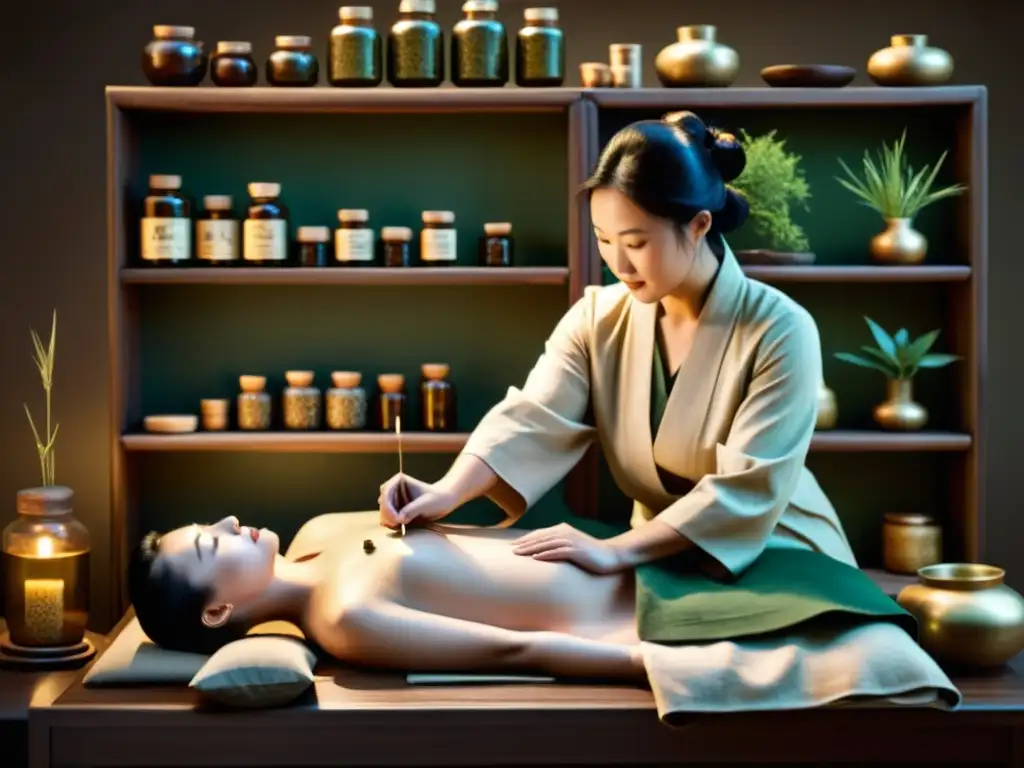 Un practicante de medicina tradicional china realiza acupuntura en un paciente en una habitación con estantes llenos de hierbas, creando una atmósfera de sabiduría ancestral y curación