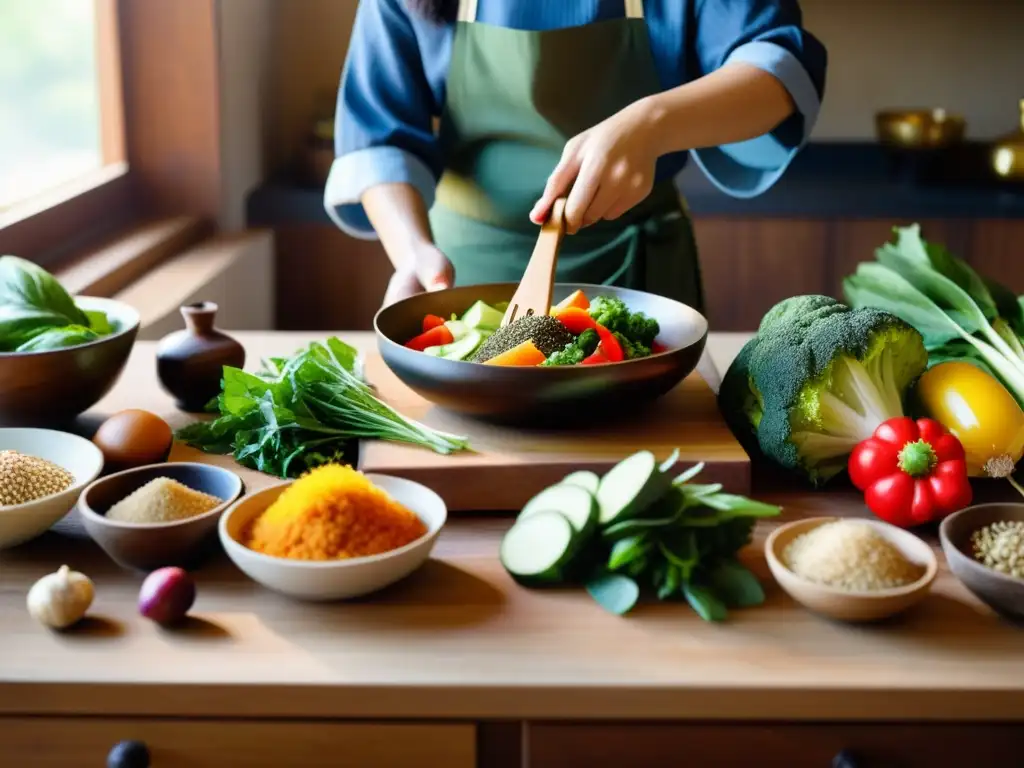 Un practicante de medicina tradicional china prepara una comida equilibrada con verduras coloridas y hierbas en una escena serena y armoniosa