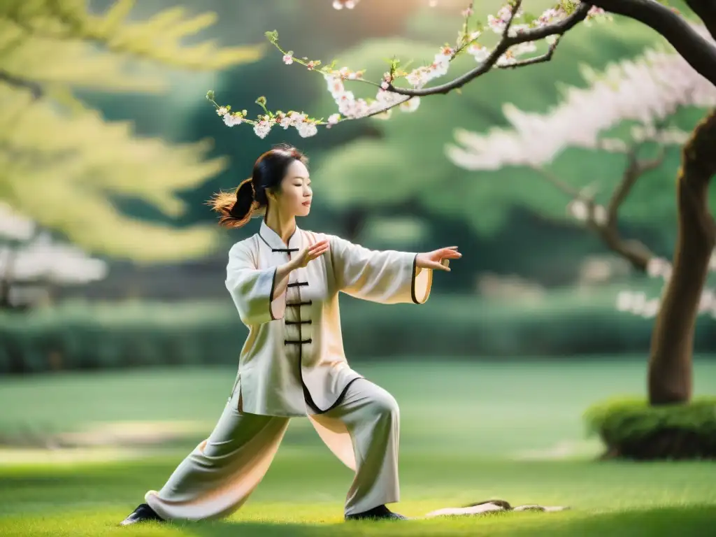 Un practicante de medicina tradicional china realiza Tai Chi en un jardín sereno, rodeado de vegetación exuberante y árboles de cerezos en flor