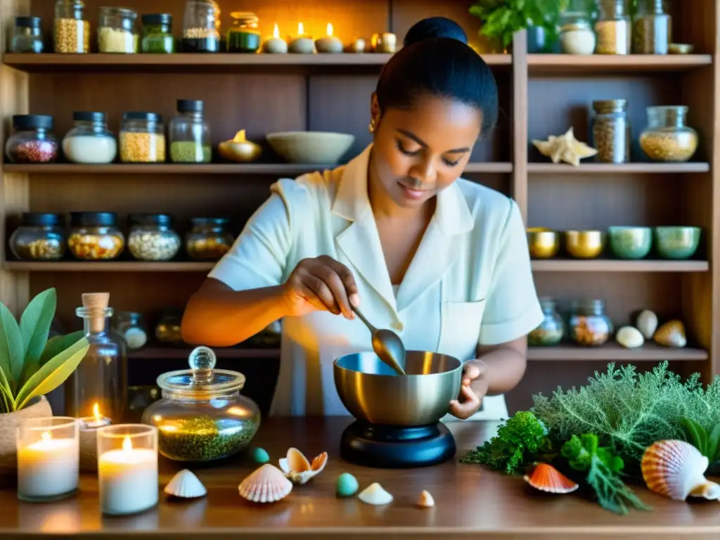 Un practicante de medicina tradicional en culturas costeras muele con delicadeza una mezcla de conchas y hierbas coloridas en un antiguo mortero y mano