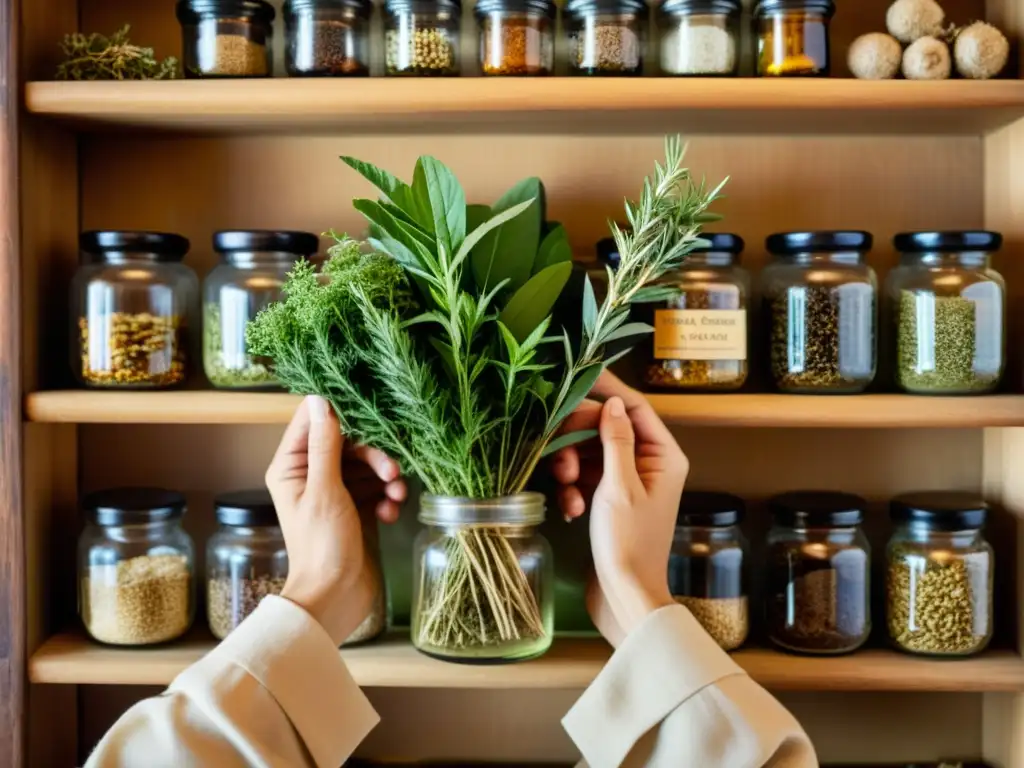 Un practicante de medicina tradicional prepara una cura natural con hierbas aromáticas en un ambiente nostálgico