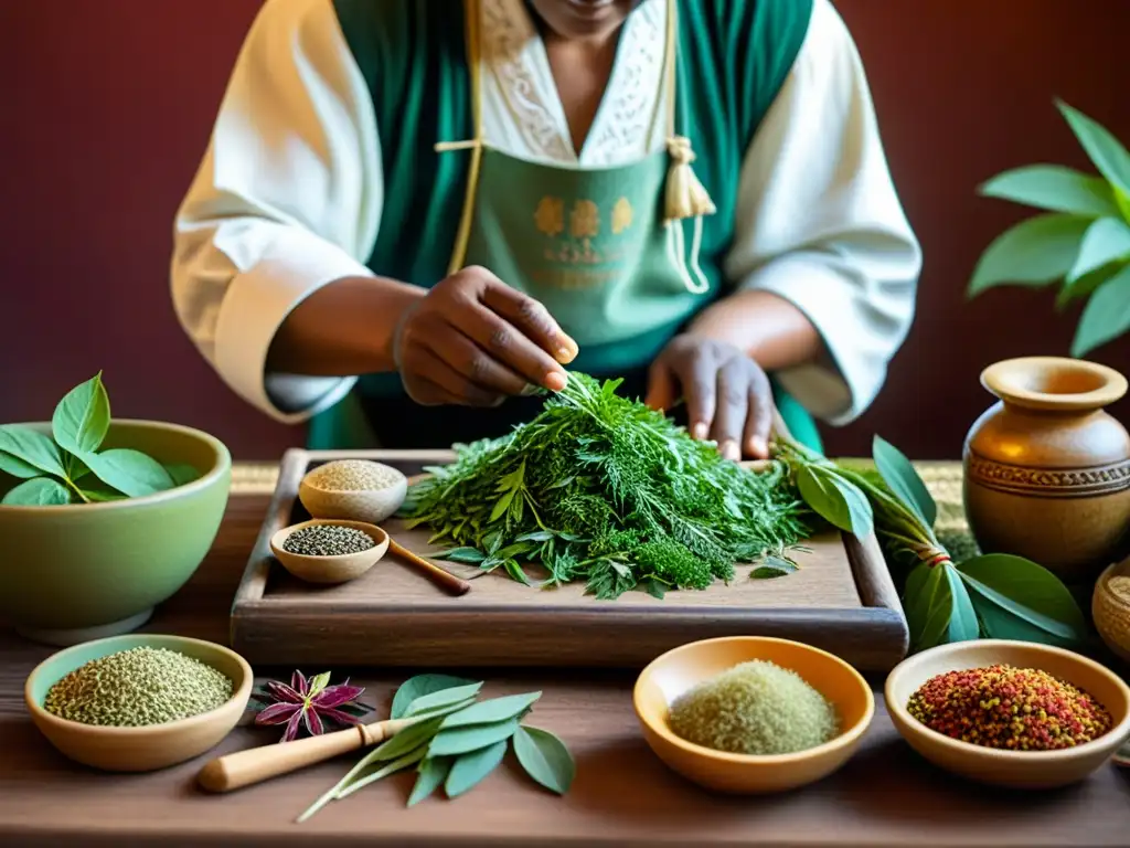 Un practicante de medicina tradicional en la era moderna selecciona y prepara hierbas con herramientas antiguas, iluminado por cálida luz natural