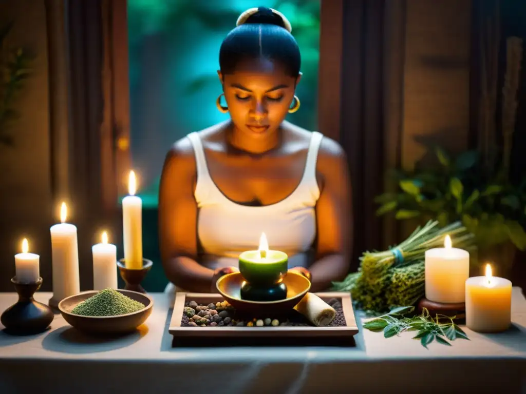 Practicante de medicina tradicional realiza un ritual predictivo, rodeado de hierbas, velas y objetos simbólicos