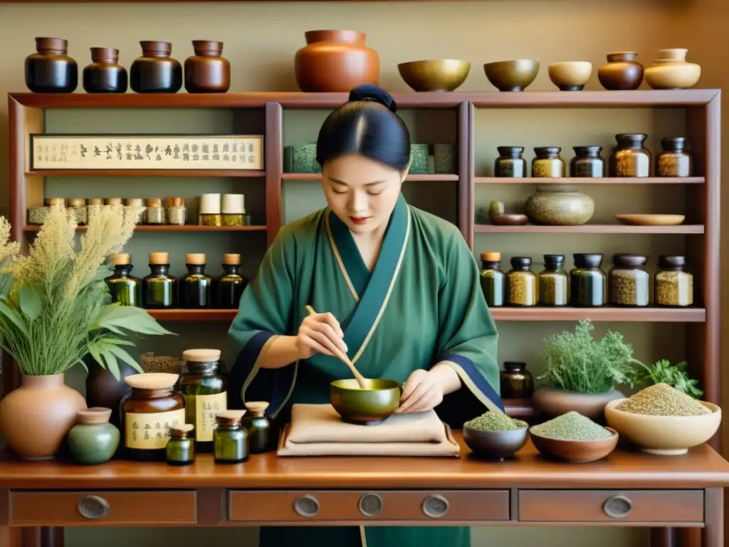 Un practicante de medicina tradicional taoísta prepara hierbas en un entorno sereno y antiguo, evocando sabiduría y tradición