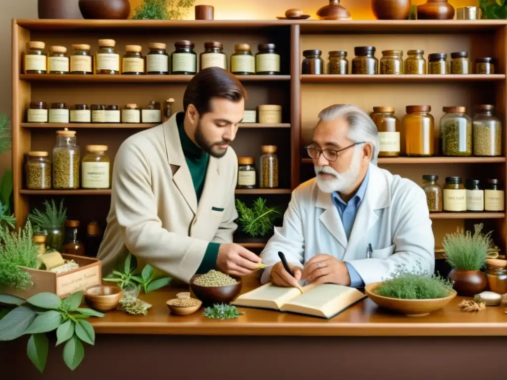 Un practicante de medicina tradicional explica cuidadosamente un tratamiento a su paciente, rodeados de hierbas y remedios