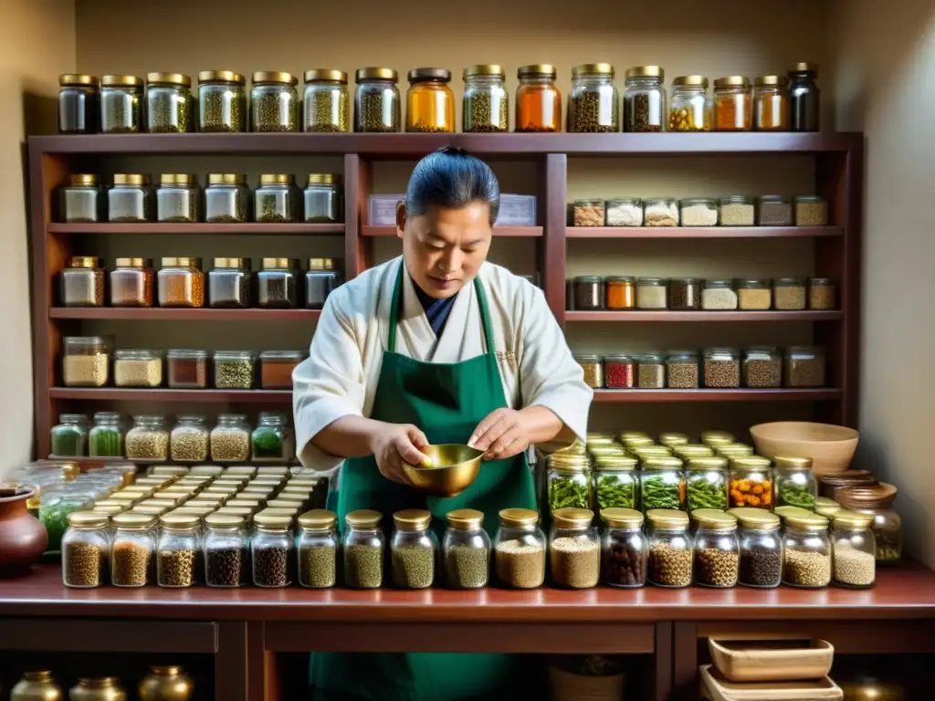 Un practicante de medicina tradicional tibetana Yuthok selecciona y prepara hierbas y ingredientes naturales en un entorno sereno y enfocado