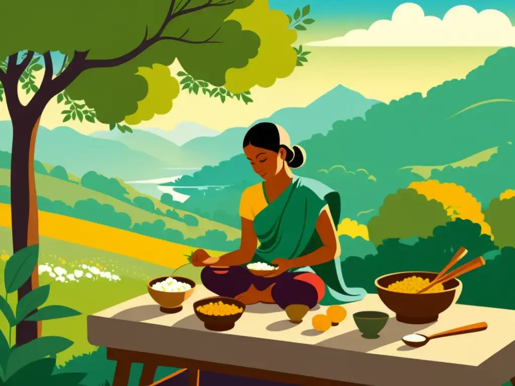 Curandero Ayurveda en la Naturaleza Cambiante Un practicante de Ayurveda prepara remedios herbales en un sereno paisaje de estación cambiante, reflejando la armonía natural de Ayurveda y las estaciones