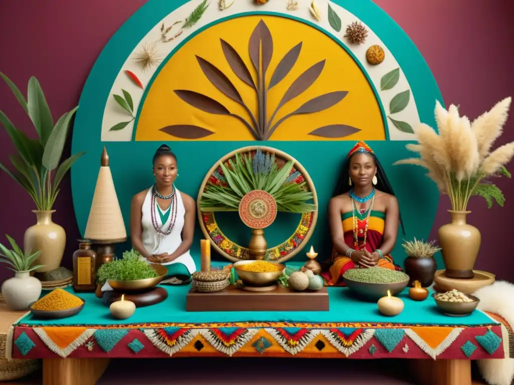 Practicantes de medicina tradicional de diversas culturas compartiendo conocimientos alrededor de un altar curativo exquisitamente decorado