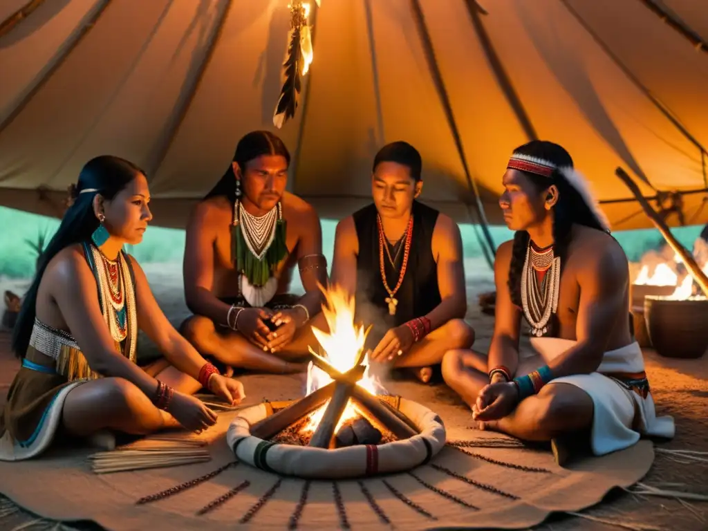 Ritual de peyote: Curanderos nativos en ceremonia Prácticas curativas medicina tradicional: Ceremonia de peyote con sanadores nativos en tipi humeante